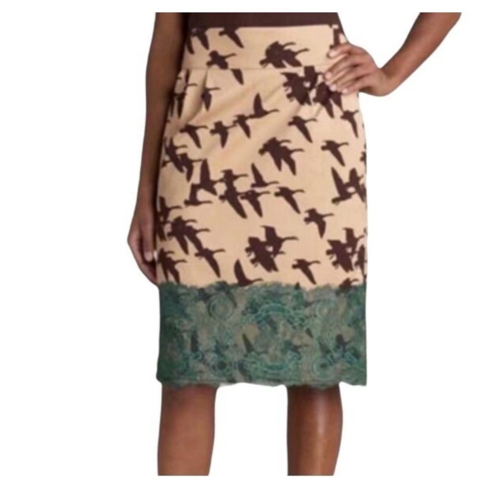 Leifsdottir Anthropologie Cream and Brown Bird Pattern Pencil Skirt size 2
